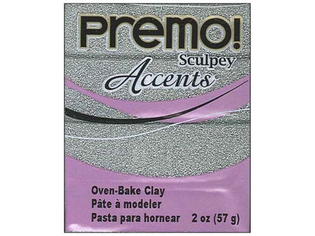 Premium Sculpey Premo Accent Polymer Clay in White Gold Glitter, perfect for jewelry and mixed media art with a sparkling finish.