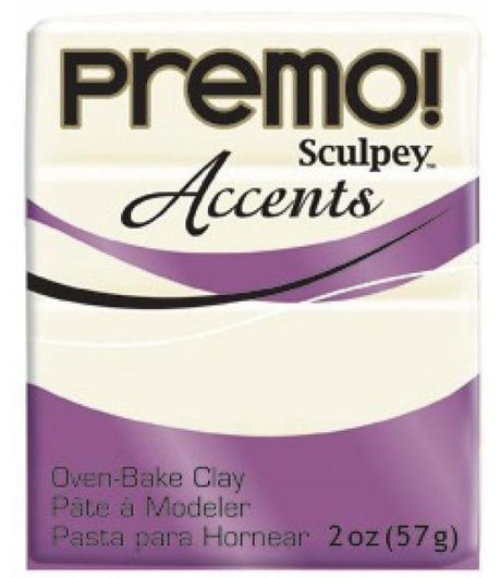 White Translucent Sculpey Premo Accent Polymer Clay, ideal for detailed sculpting and vibrant mixed media projects.