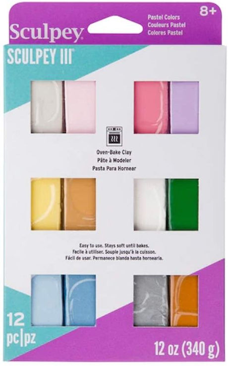 Colorful Sculpey III oven bake clay set of 12, perfect for crafting, jewelry making, and sculptures for all skill levels.