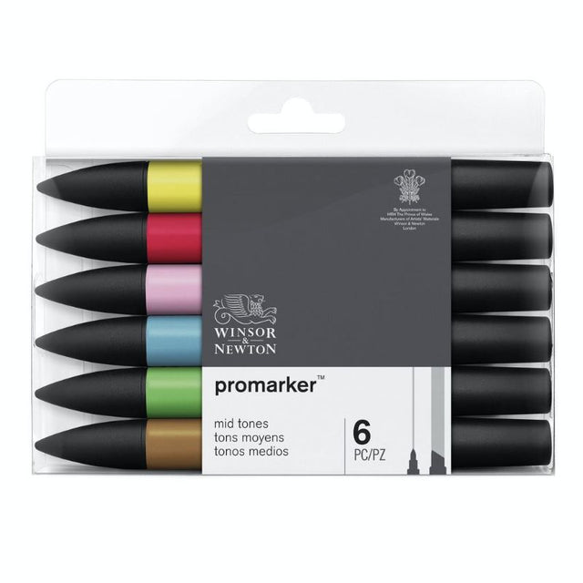 WINSOR & NEWTON Promarker set of 6 mid-tone markers, featuring dual-ended design for blending and detailed artwork.