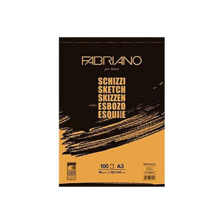 Fabriano Schizzi Pad with 100 sheets, pale ivory sketch paper, ideal for various mediums and eco-friendly production.