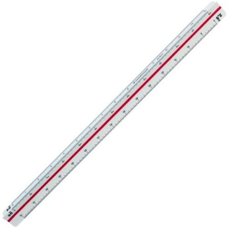 Triangular scale ruler in off-white plastic with colored flutings, designed for precise drafting by engineers and architects.