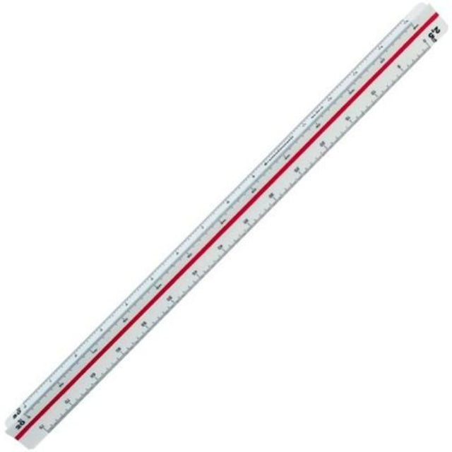 Triangular scale ruler in off-white plastic with colored flutings, designed for precise drafting by engineers and architects.