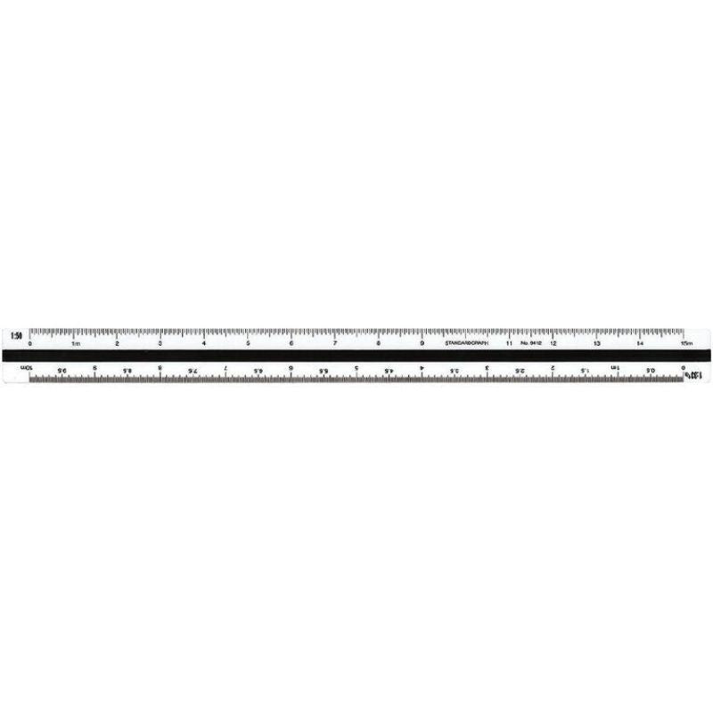 Triangular off-white plastic ruler with dual colored flutings, designed for precision in technical drawings and scale measurements.