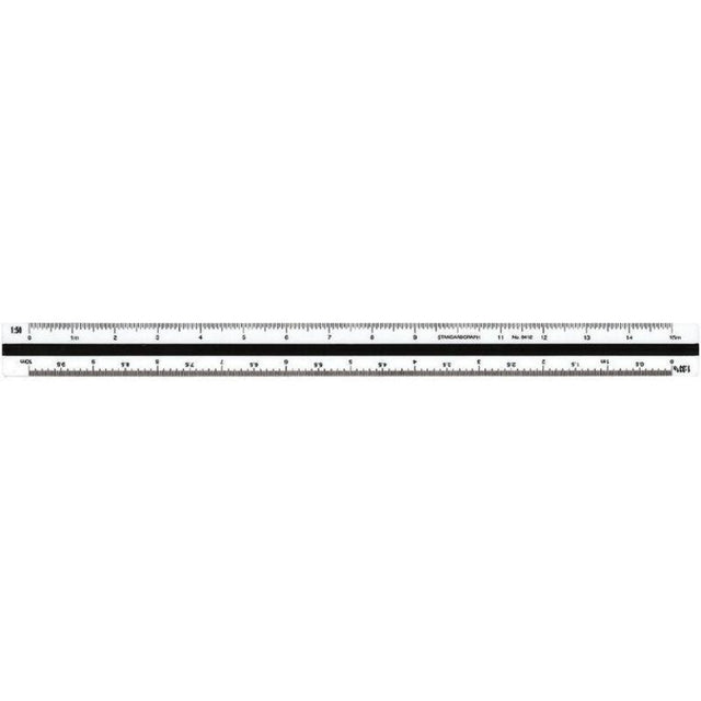 Triangular off-white plastic ruler with dual colored flutings, designed for precision in technical drawings and scale measurements.