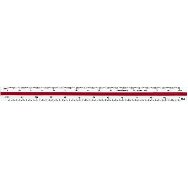 Triangular off-white scale ruler with colored flutings for architects, featuring multiple precise scales for accurate technical designs.