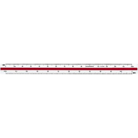 Triangular off-white scale ruler with colored flutings for architects, featuring multiple precise scales for accurate technical designs.