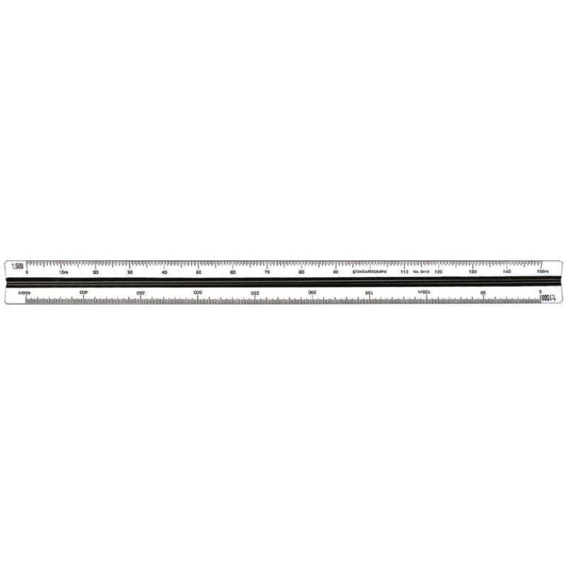 Triangular Standardgraph scale ruler in off-white plastic with colored flutings for precise measurements in surveying and drafting.