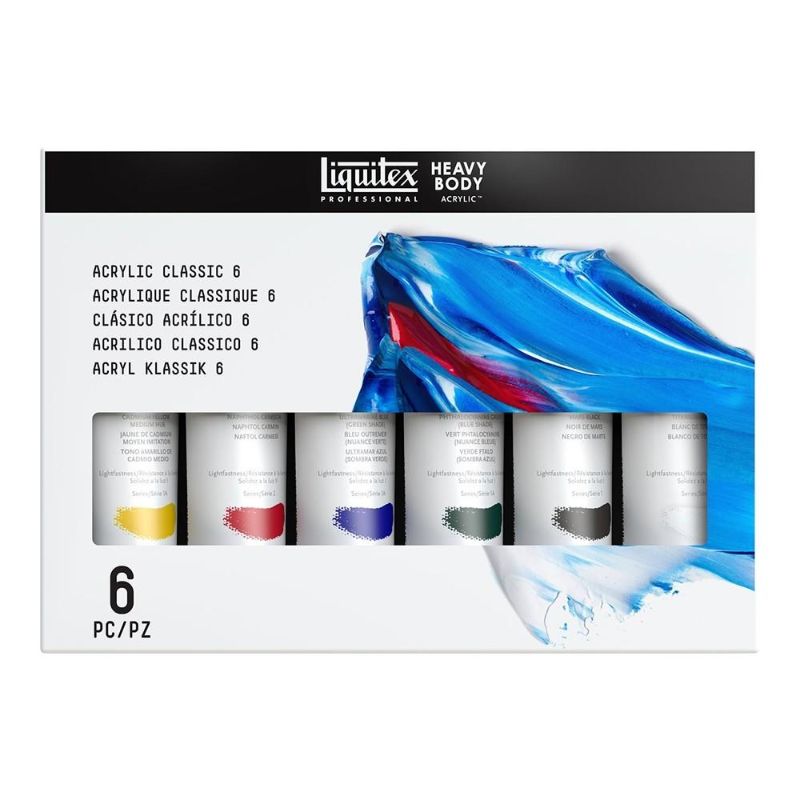 LIQUITEX Heavy Body Paint 59ml Classic Set of 6, featuring thick acrylic consistency and high pigment for versatile artistic expression.