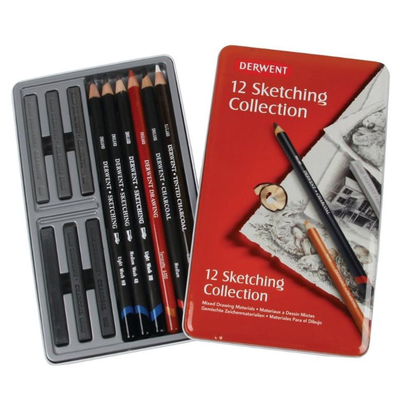 Derwent Sketching Collection tin with assorted sketching pencils, graphite, charcoal blocks, and water-soluble blending options.