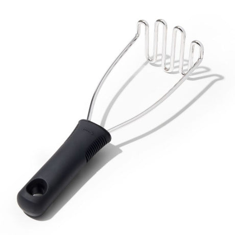 OXO Good Grips Wire Potato Masher with stainless steel head and soft handle, perfect for mashing potatoes and fruit.