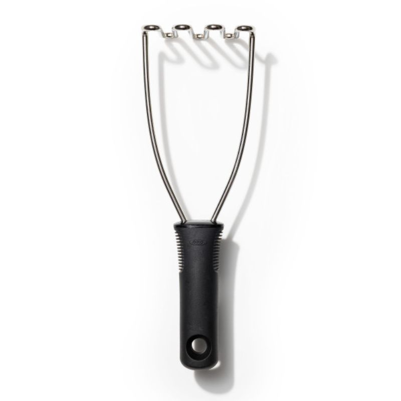 OXO Good Grips Wire Potato Masher with stainless steel head and soft handle for easy, efficient mashing of vegetables and fruit.