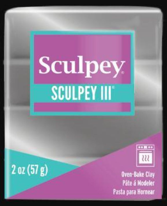 Premium SCULPEY III 57G silver oven-bake clay, perfect for crafting jewelry, figures, and decor; non-toxic and durable.