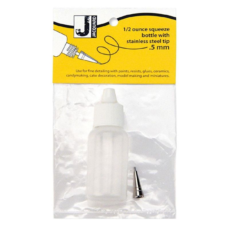 JACQUARD 1/2 oz squeeze bottle with fine metal tip for precise application of paints and dyes, ideal for intricate designs.