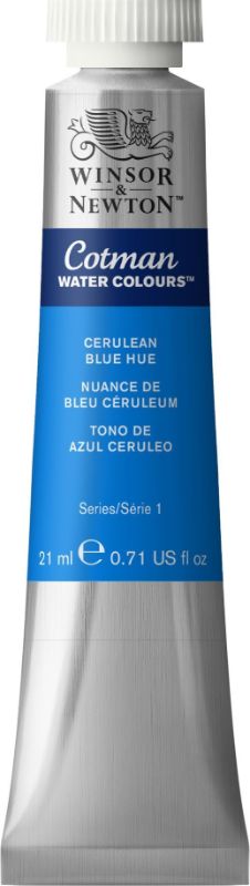 WINSOR & NEWTON Cotman 21ml watercolour tube in Cerulean Blue Hue 139, perfect for vibrant landscapes and skies.