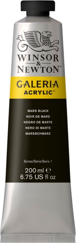 WINSOR & NEWTON GALERIA 200ml Mars Black acrylic paint tube, ideal for vibrant coverage and blending on various surfaces.