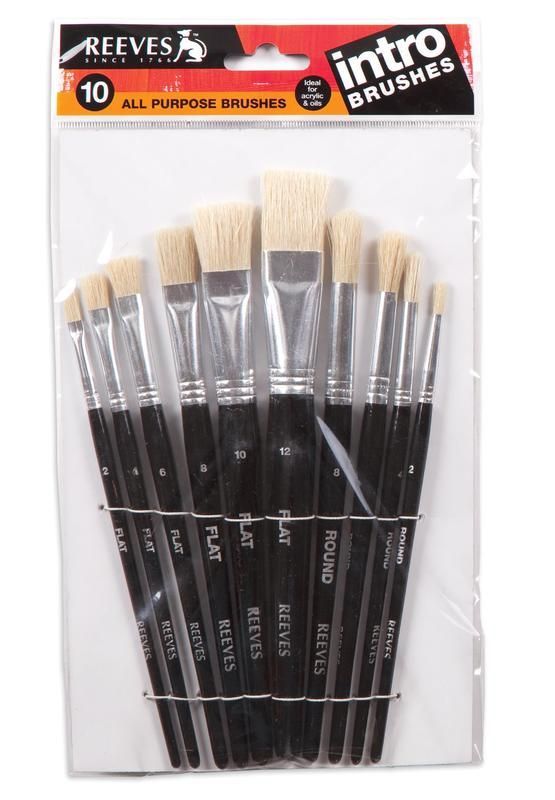 Set of 10 hog bristle brushes designed for acrylic and oil paints, featuring various sizes for versatile artistic techniques.