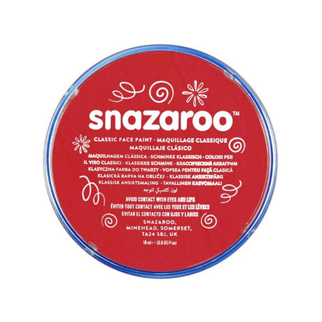 Bright red SNAZAROO face paint in an 18ml pot, perfect for vibrant face painting at parties and festivals.