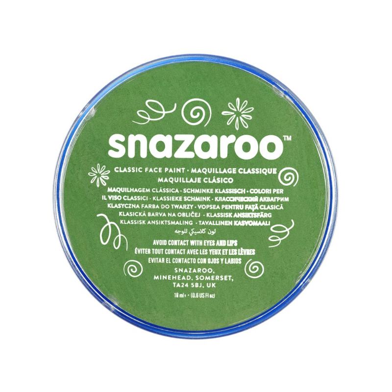 Grass Green SNAZAROO Face Paint 18ml pot, safe and non-toxic, ideal for creative face painting at parties and festivals.