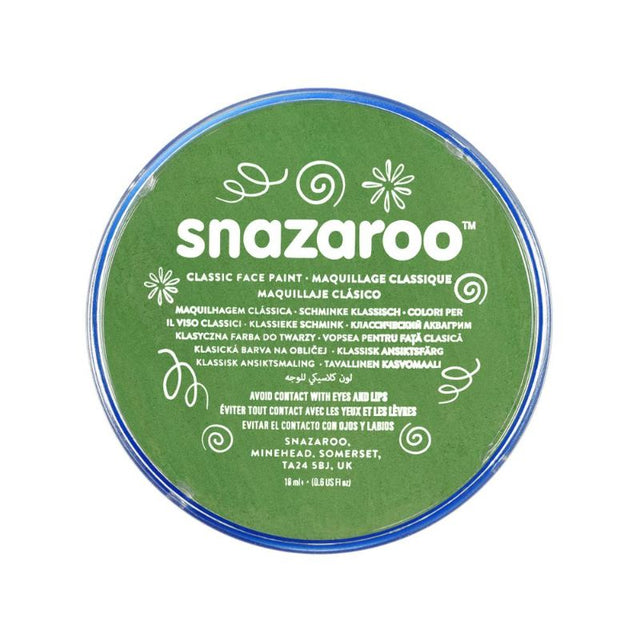 Grass Green SNAZAROO Face Paint 18ml pot, safe and non-toxic, ideal for creative face painting at parties and festivals.