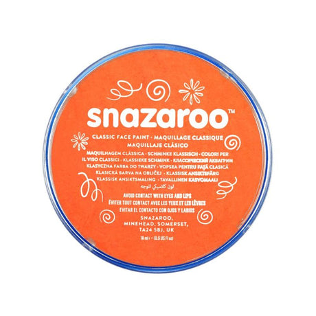 Vibrant orange SNAZAROO face paint in an 18ml pot, perfect for fun, creative application at parties and events.