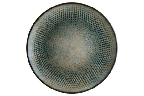 Set of 6 Bonna Lenta Ash coupe plates in deep green tones, 270 mm, durable porcelain, scratch and chip resistant, stackable.