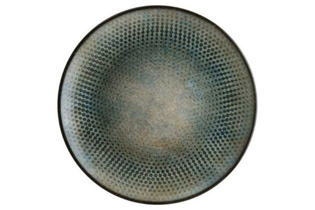 Set of 6 Bonna Lenta Ash coupe plates in deep green tones, 270 mm, durable porcelain, scratch and chip resistant, stackable.