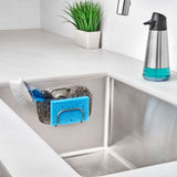 Suction sink caddy with large-capacity basket and stainless steel hook for organized dishwashing essentials.