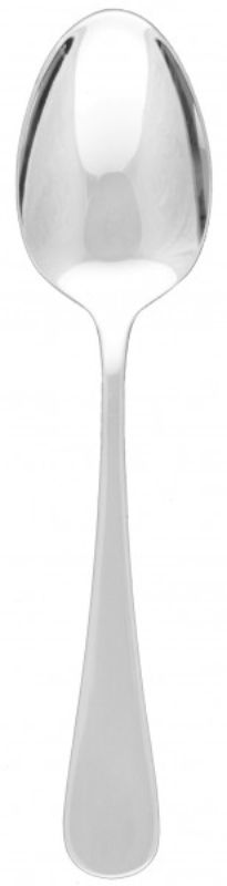 Elegant 12-pack of Tablekraft Gable dessert spoons in stainless steel with a mirrored finish and comfortable teardrop handles.