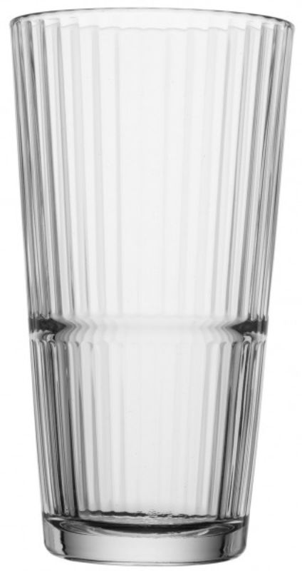 Set of 12 Pasabahce Grande-Sunray HiBall glasses with ridged texture, stackable design, perfect for stylish beverage serving.