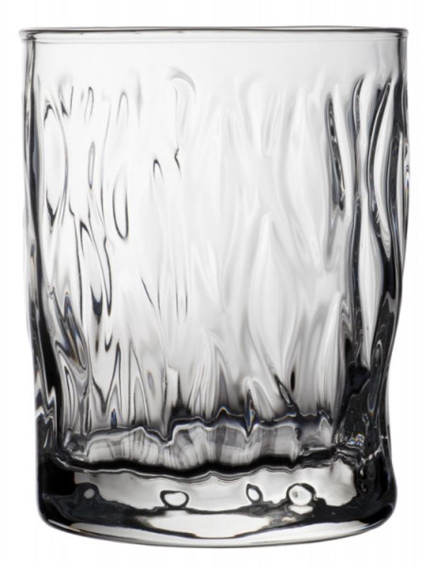 Elegant set of 6 Bormioli Rocco Wind DOF glasses, 370ml each, featuring textured surfaces for cocktails and spirits.