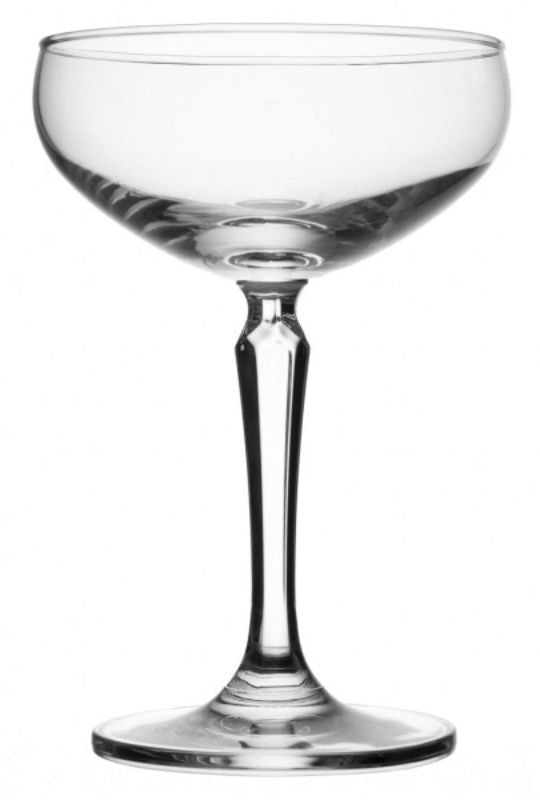 Set of 6 Ocean Connexion Coupe glasses, featuring vintage-modern design with crystal-like cut, perfect for cocktails and sparkling wine.