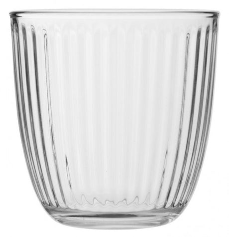 Elegant Bormioli Rocco 290ml glasses, set of 12, featuring vintage-inspired grooves for stylish beverage serving.