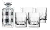 Luigi Bormioli Elixir 5-piece whiskey set featuring a 750ml decanter and four old-fashioned tumblers in cut-glass design.