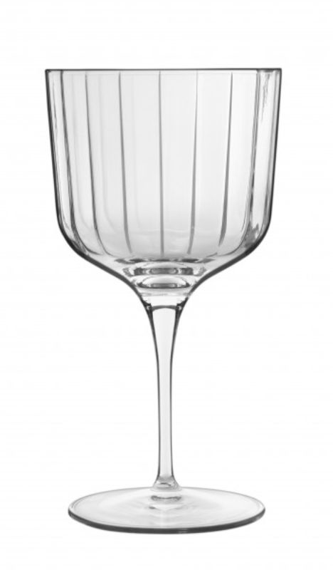 Elegant set of 4 Luigi Bormioli Bach Gin glasses, featuring faceted design and laser-cut rims for a sophisticated drinking experience.