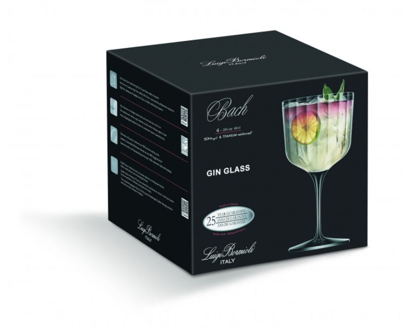 Elegant set of 4 Luigi Bormioli Bach Gin glasses, showcasing faceted design, lead-free crystal, and Italian craftsmanship.