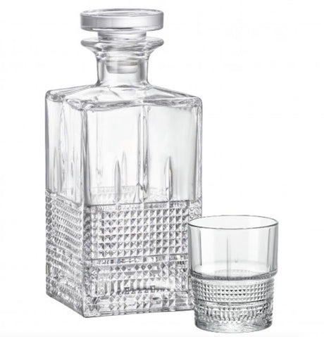 Elegant Bormioli Rocco whiskey set featuring a decanter and six tumblers, crafted with intricate geometrical patterns.