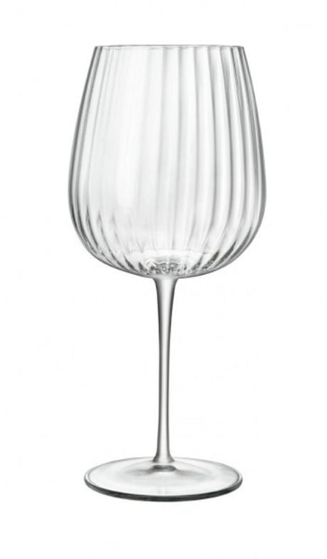 Set of 4 Luigi Bormioli Optica gin glasses featuring ribbed design, lead-free crystal, and dishwasher safe durability.