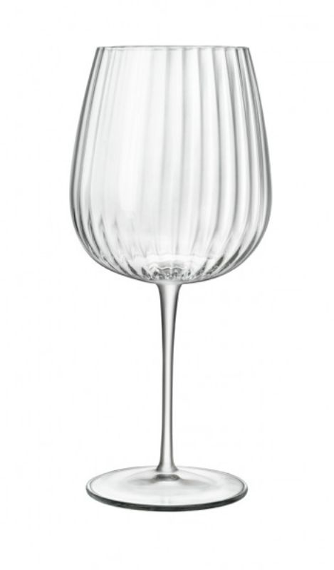 Set of 4 Luigi Bormioli Optica gin glasses featuring ribbed design, lead-free crystal, and dishwasher safe durability.