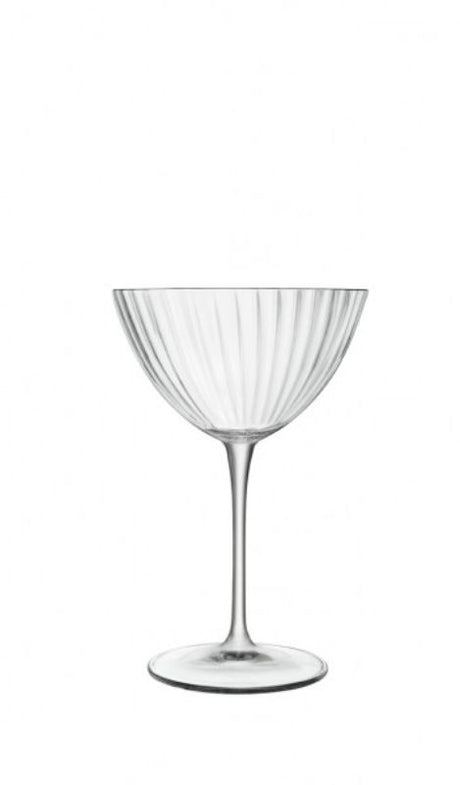 Set of 4 elegant 220ml martini glasses with ribbed design, made from durable lead-free crystal glass, perfect for cocktails.