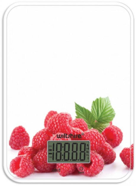 Digital kitchen scale with sleek glass platform; perfect for baking and portion control, featuring an easy-read display.