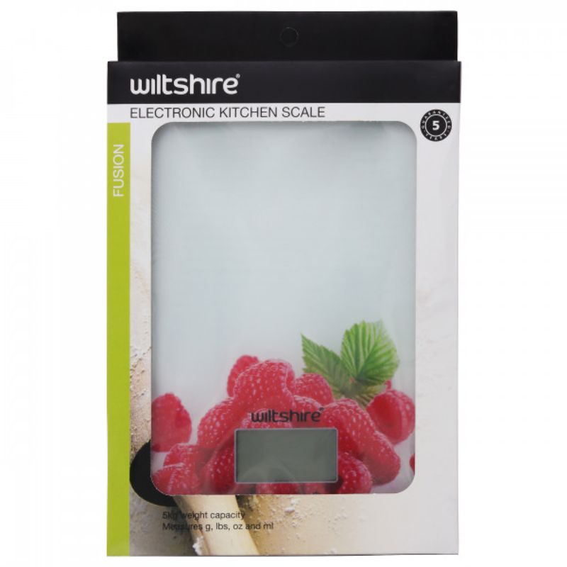 Wiltshire Slimline Berry Scale: sleek digital kitchen scale with a glass platform for precise, easy ingredient measuring.