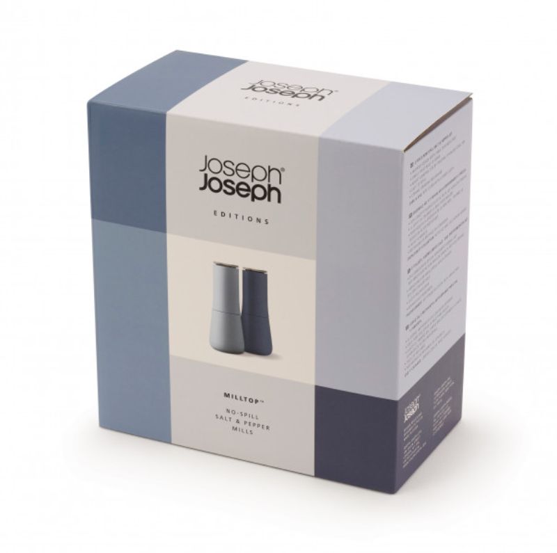 Sky-colored Joseph Joseph Milltop salt and pepper set with an inverted design for mess-free seasoning and adjustable grind size.