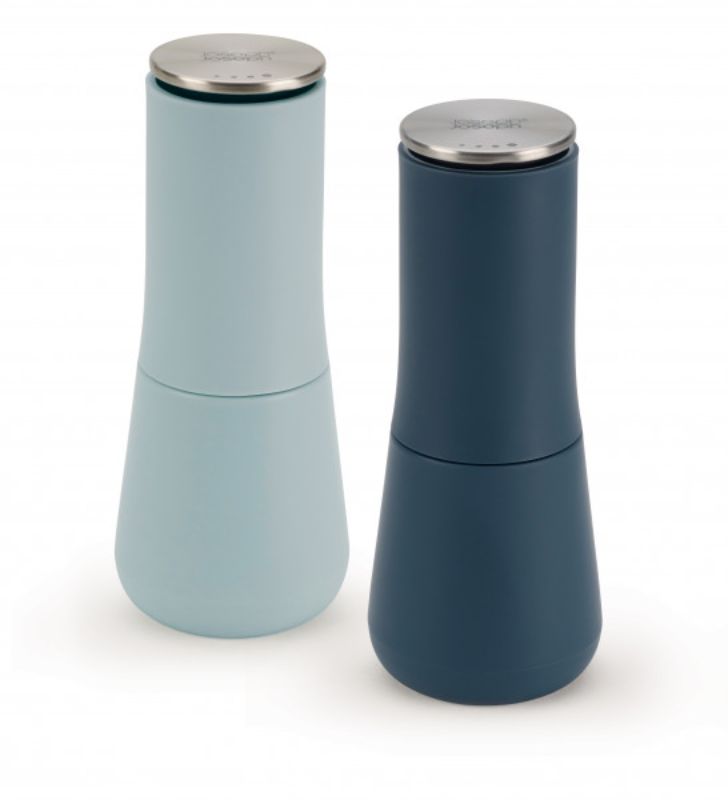 Joseph Joseph Milltop Salt & Pepper Set in Sky, featuring an inverted design for mess-free grinding and adjustable ceramic mechanism.