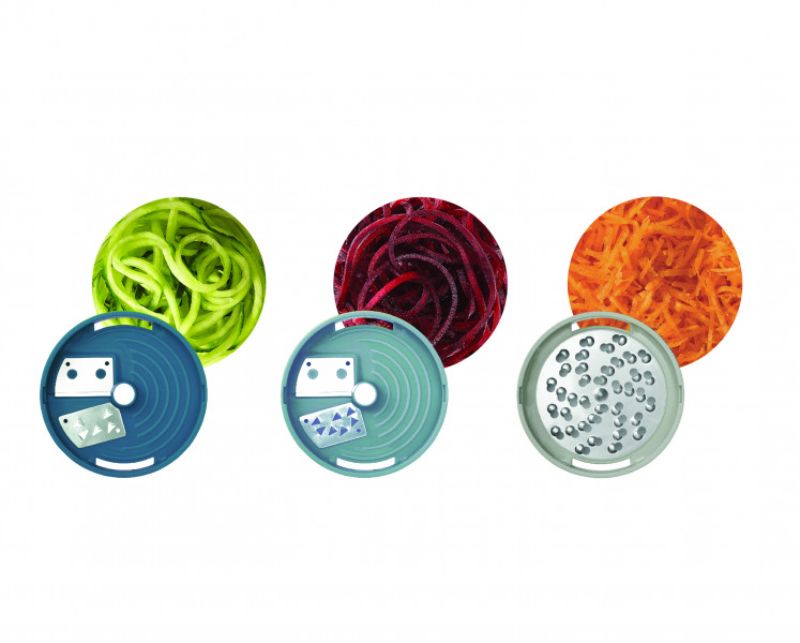 Joseph Joseph Spiro Spiralizer in Sky, a compact tool for creating uniform vegetable noodles effortlessly.