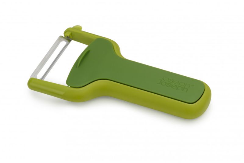 Joseph Joseph SafeStore Straight Peeler in green with blade guard, featuring a stainless-steel blade and potato-eye remover.