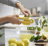 Two-stage citrus press with easy-squeeze handles and twist reamer for maximum juice extraction from various fruits.