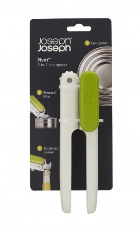 Joseph Joseph Pivot 3-in-1 Can Opener in White/Green, featuring a stainless-steel cutter, bottle opener, and ring-pull lifter.