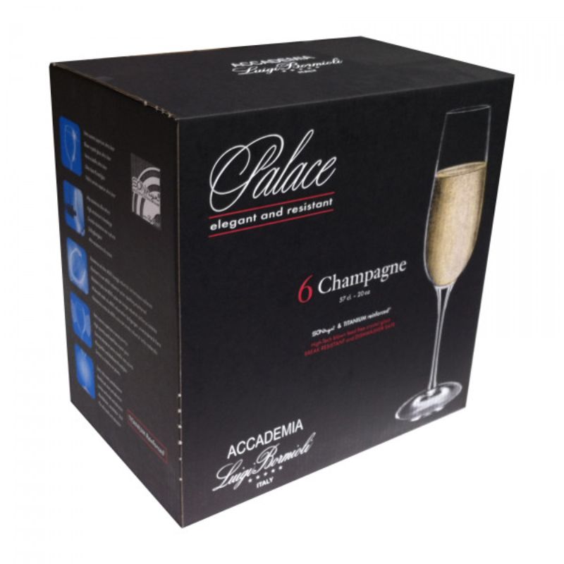 Set of 6 Luigi Bormioli Palace Flutes in lead-free crystal, ideal for elegant toasts and enhancing champagne aromas.