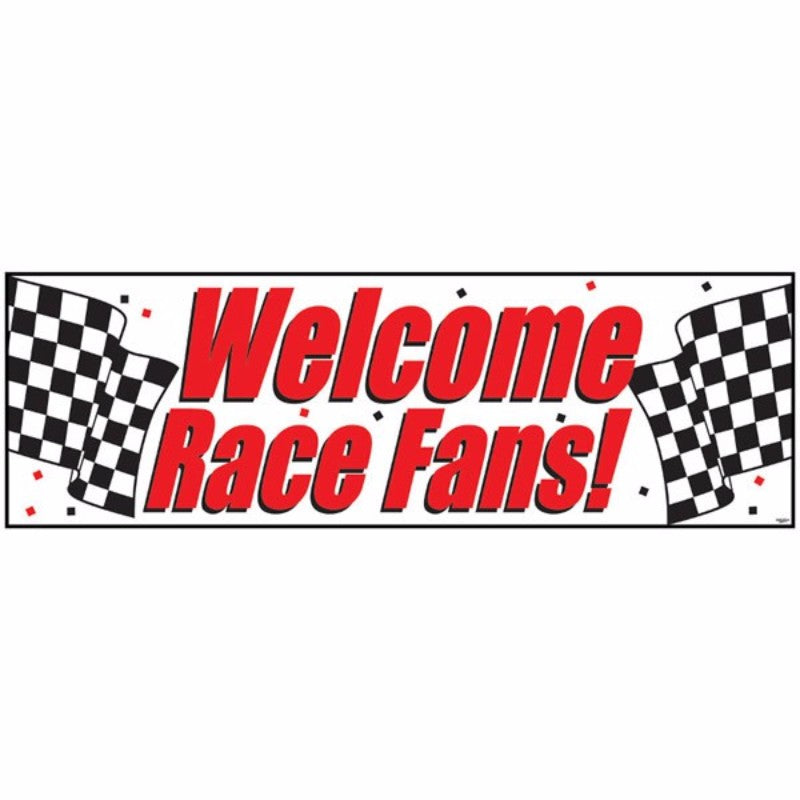 Vibrant Racing Car Party Banner (152.4cm x 50.8cm) welcoming fans with stunning graphics for racing-themed celebrations.